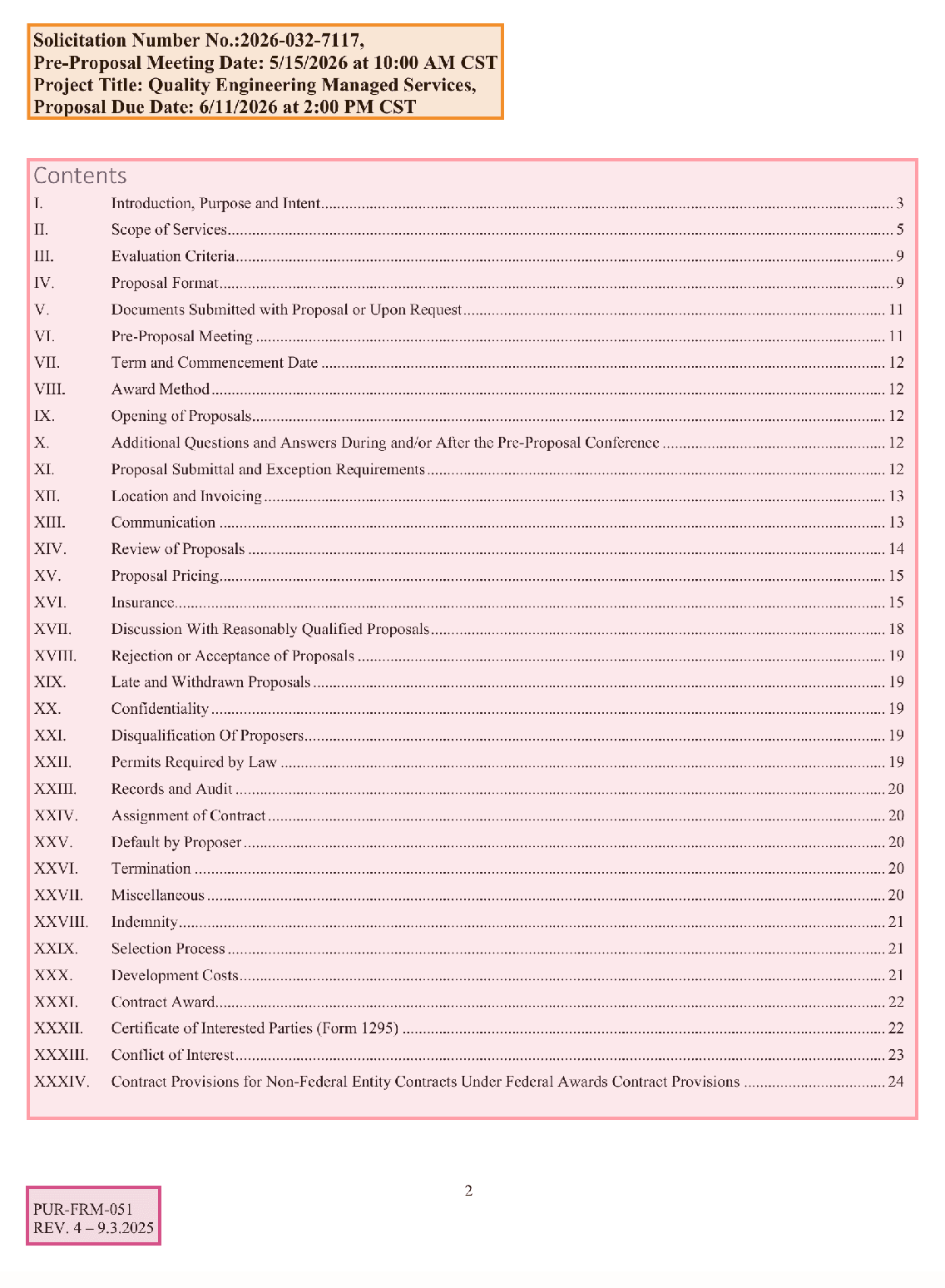 Contents page of a procurement document, with its header block, contents list and form identifier outlined as layout regions