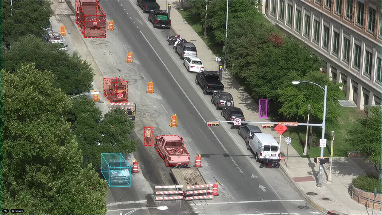 Aerial view of a street construction zone with vehicles, a road worker and traffic cones, each outlined by an annotation box or cuboid